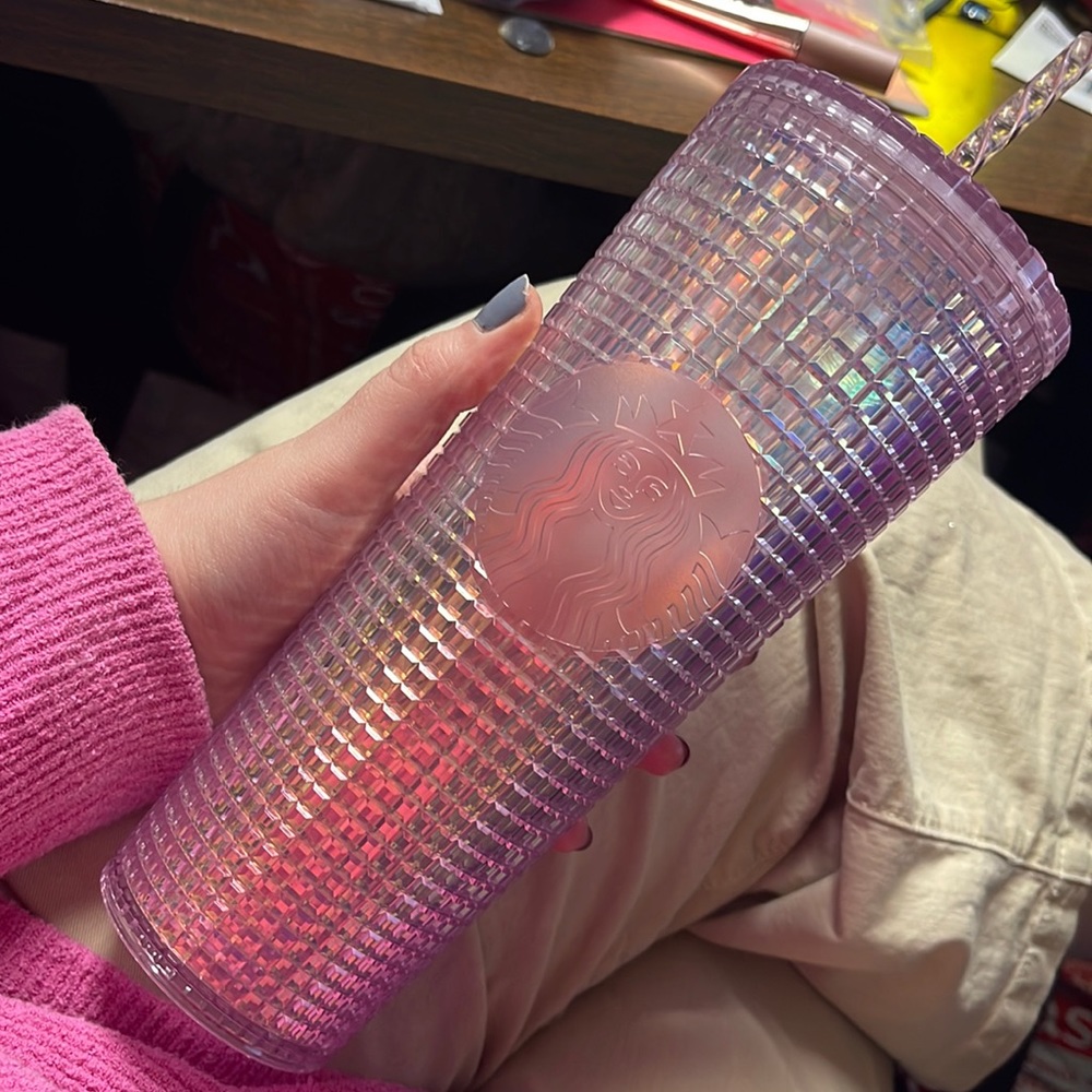 Starbucks Pink Iridescent Grid Cold Tumbler RARE